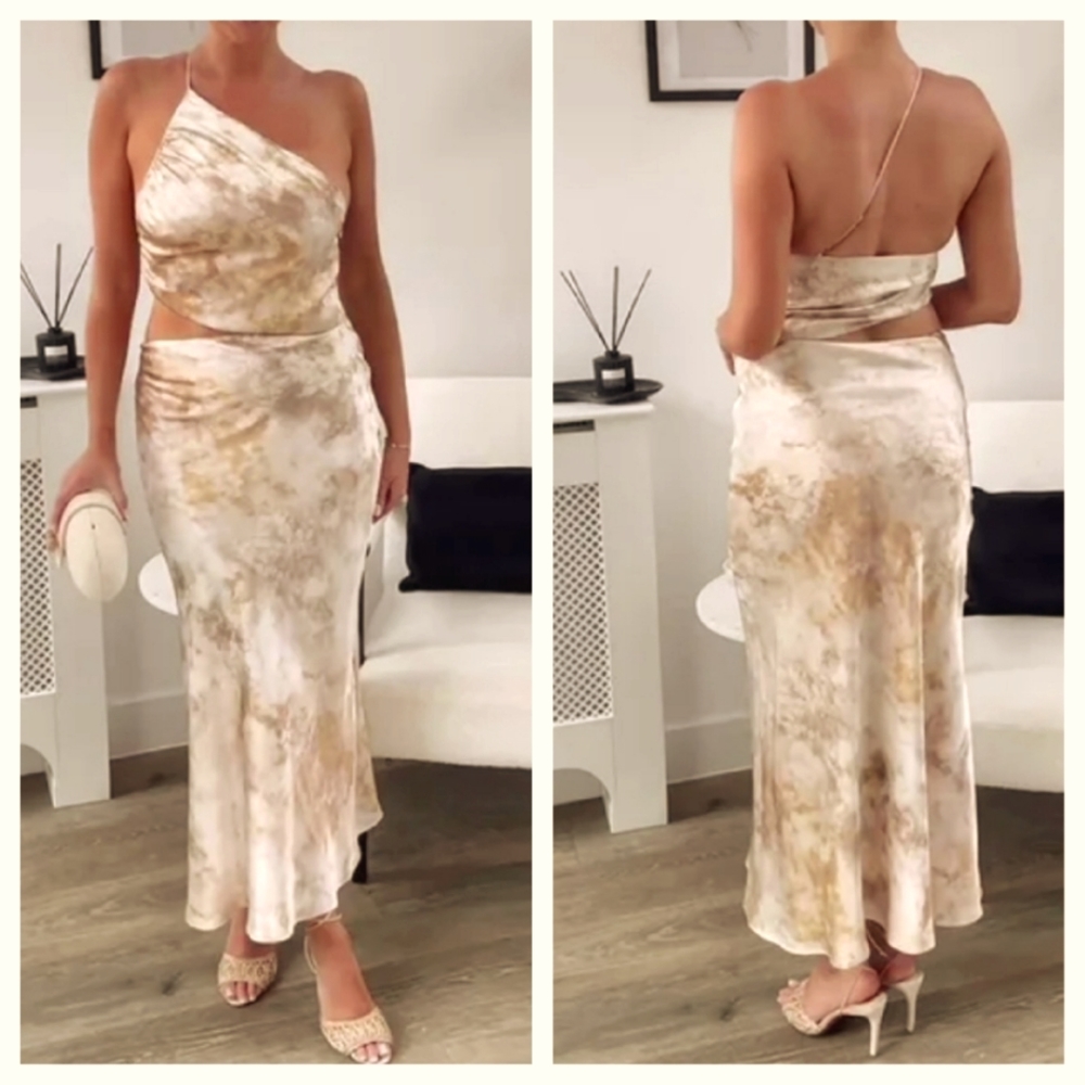 Zara One-Shoulder Cream and Gold Dress